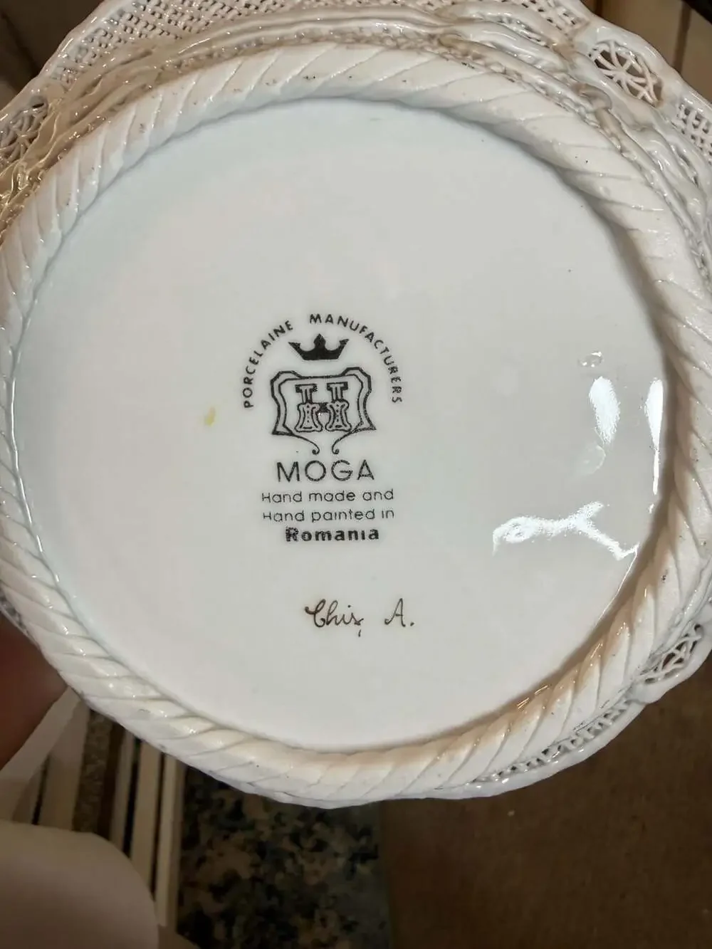 Moga Romania Hand Painted Reticulated Porcelain Floral Bowl